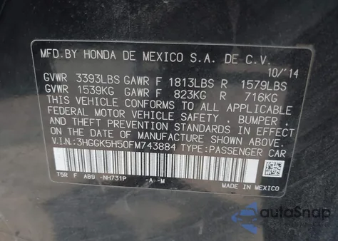 2015 Honda Fit Lx z USA, uszkodzony, nr VIN 3HGGK5H50FM743884